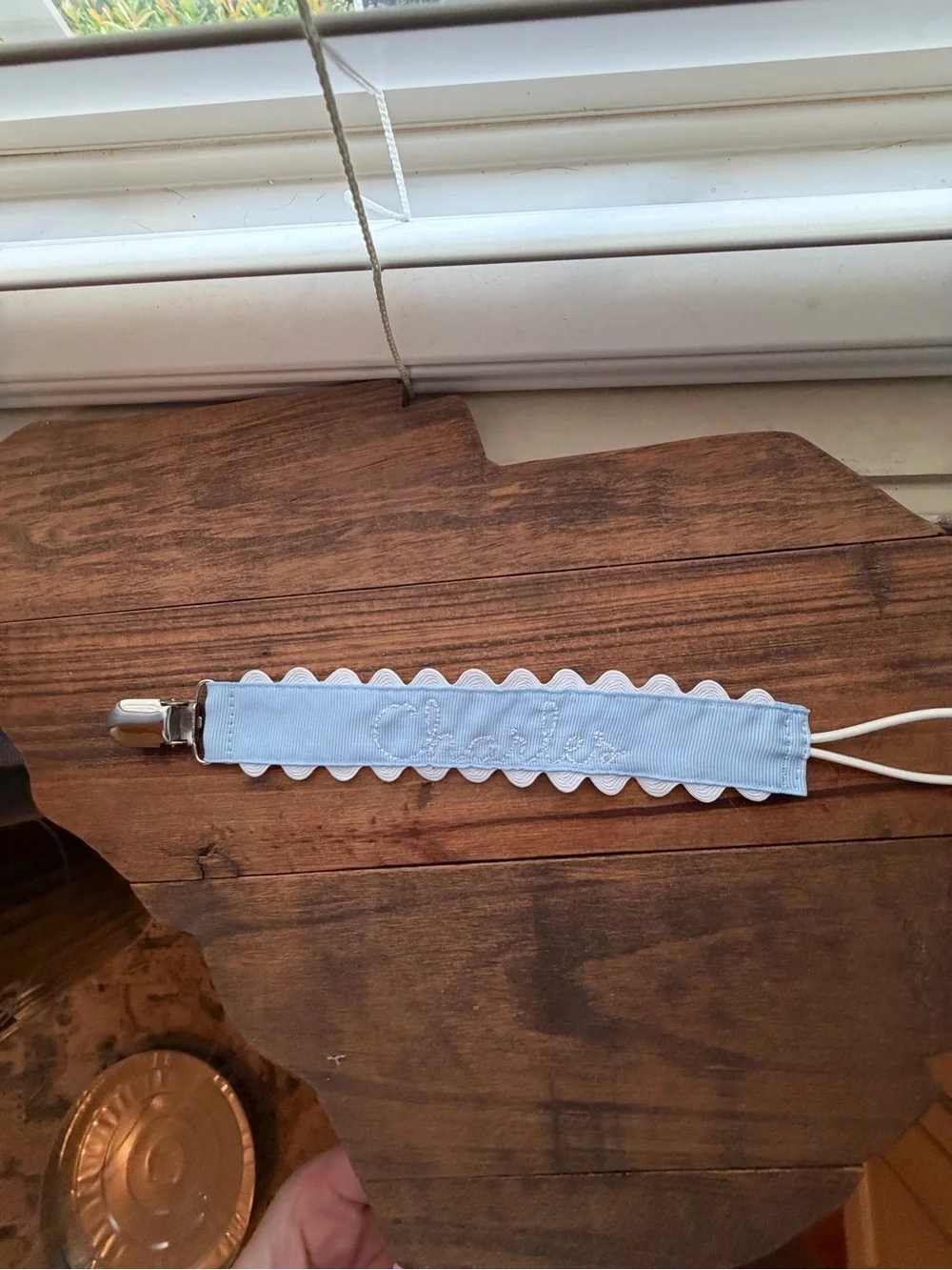 Personalized Light Blue Pacifier Clip with White Trim - Charles